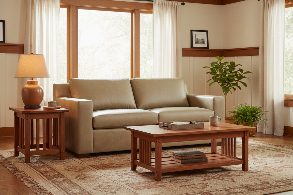 Beige Leather Sofa – Arts & Crafts Living Room Lifestyle