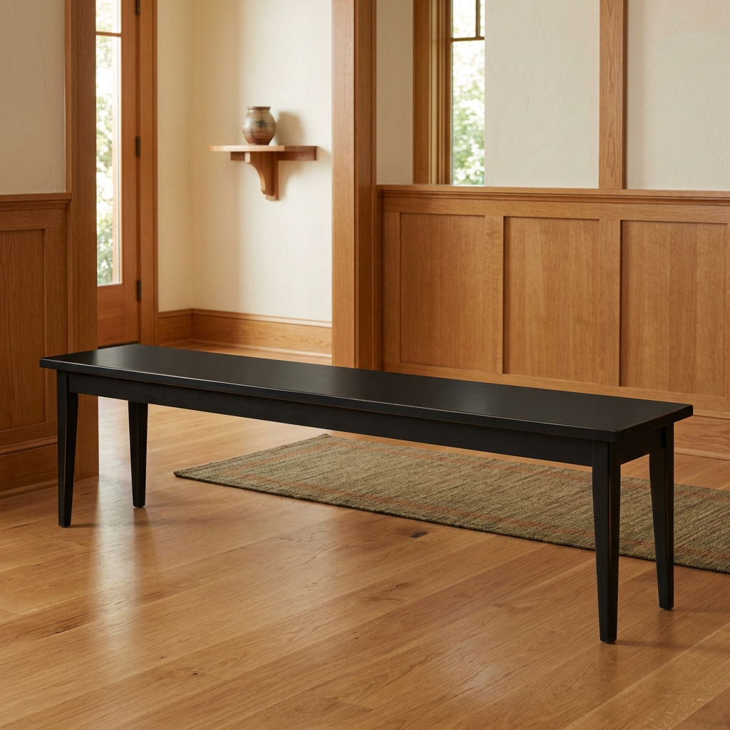 Black Shaker bench in a warm Craftsman entryway
