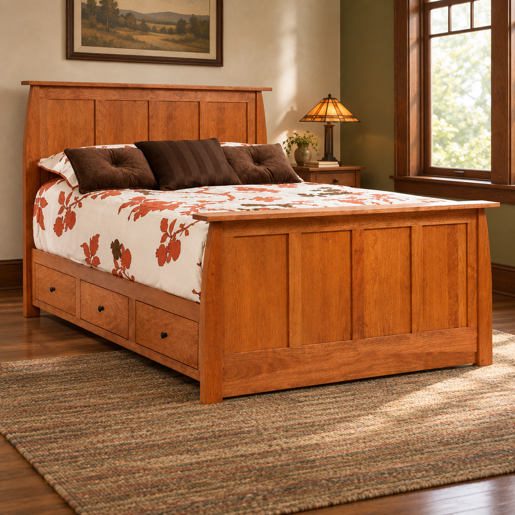 Bordeaux bed in a warm Craftsman bedroom