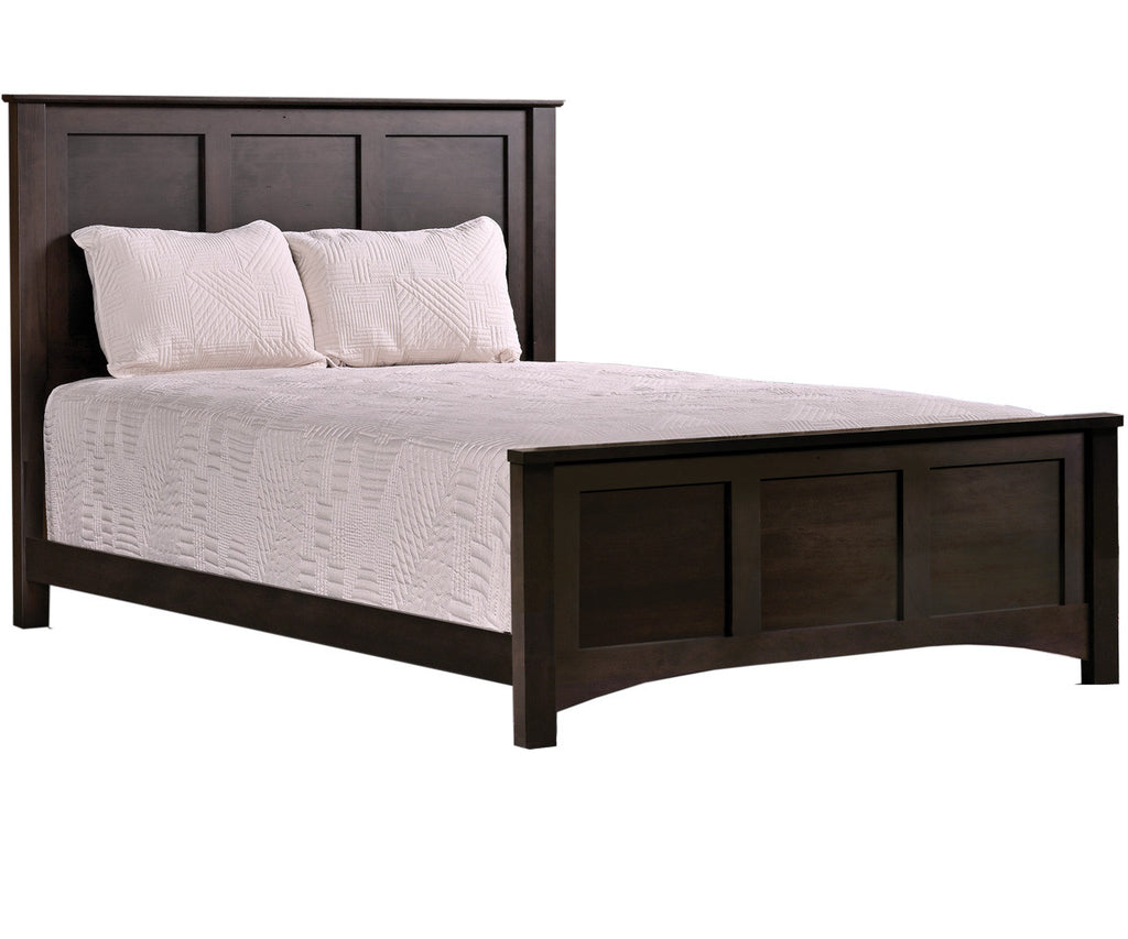 Wooden bed with dark brown frame and white bedding on a white background