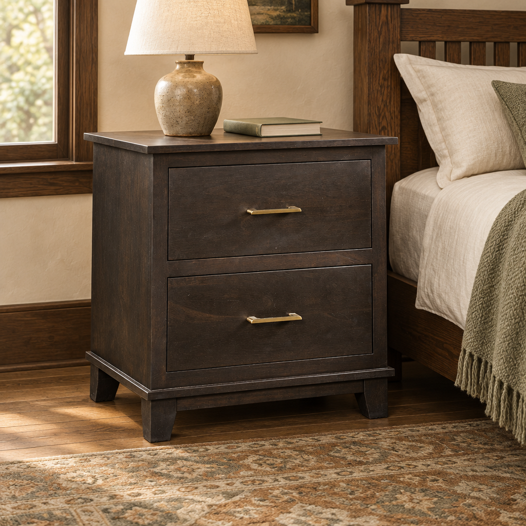 Bristol two-drawer nightstand in a warm Craftsman bedroom