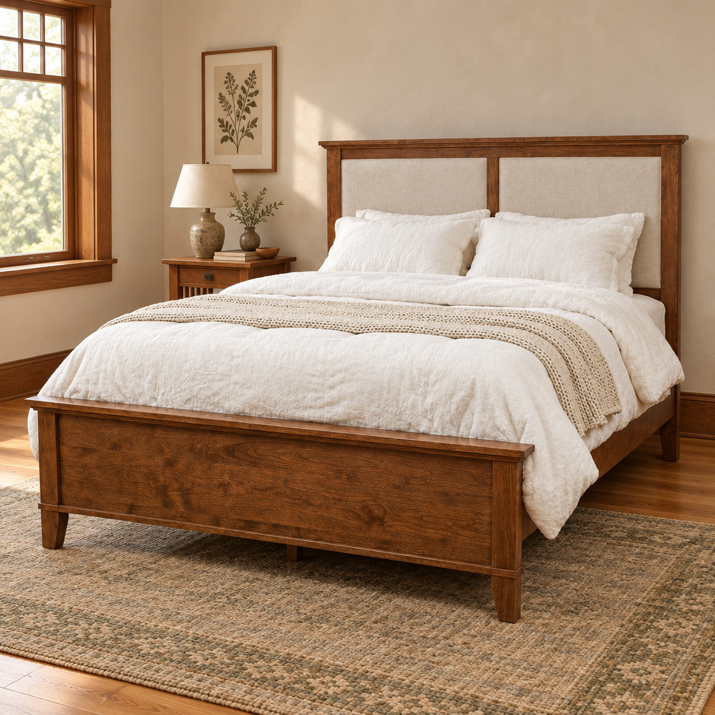 Bristol upholstered bed in a warm Craftsman bedroom
