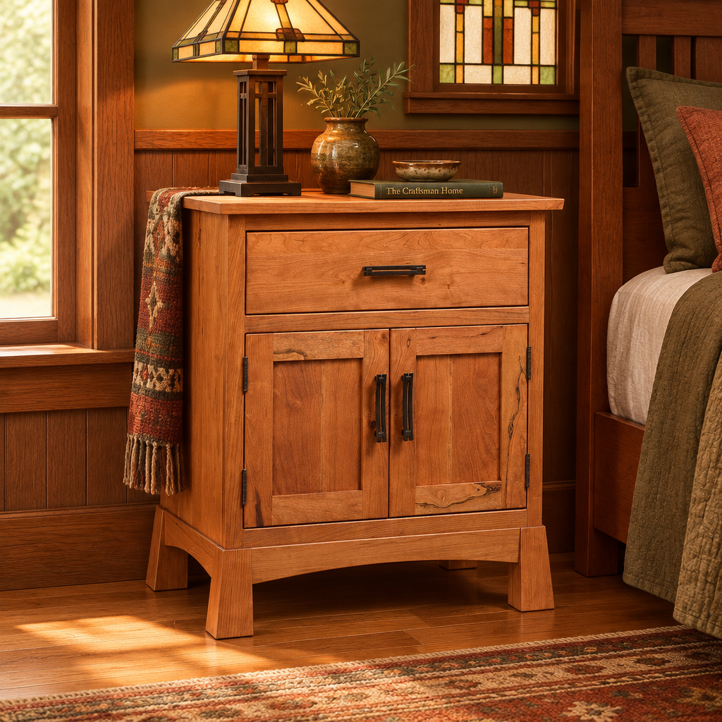 Catalina 1-Drawer 2-Door Nightstand lifestyle image in an Arts & Crafts bedroom