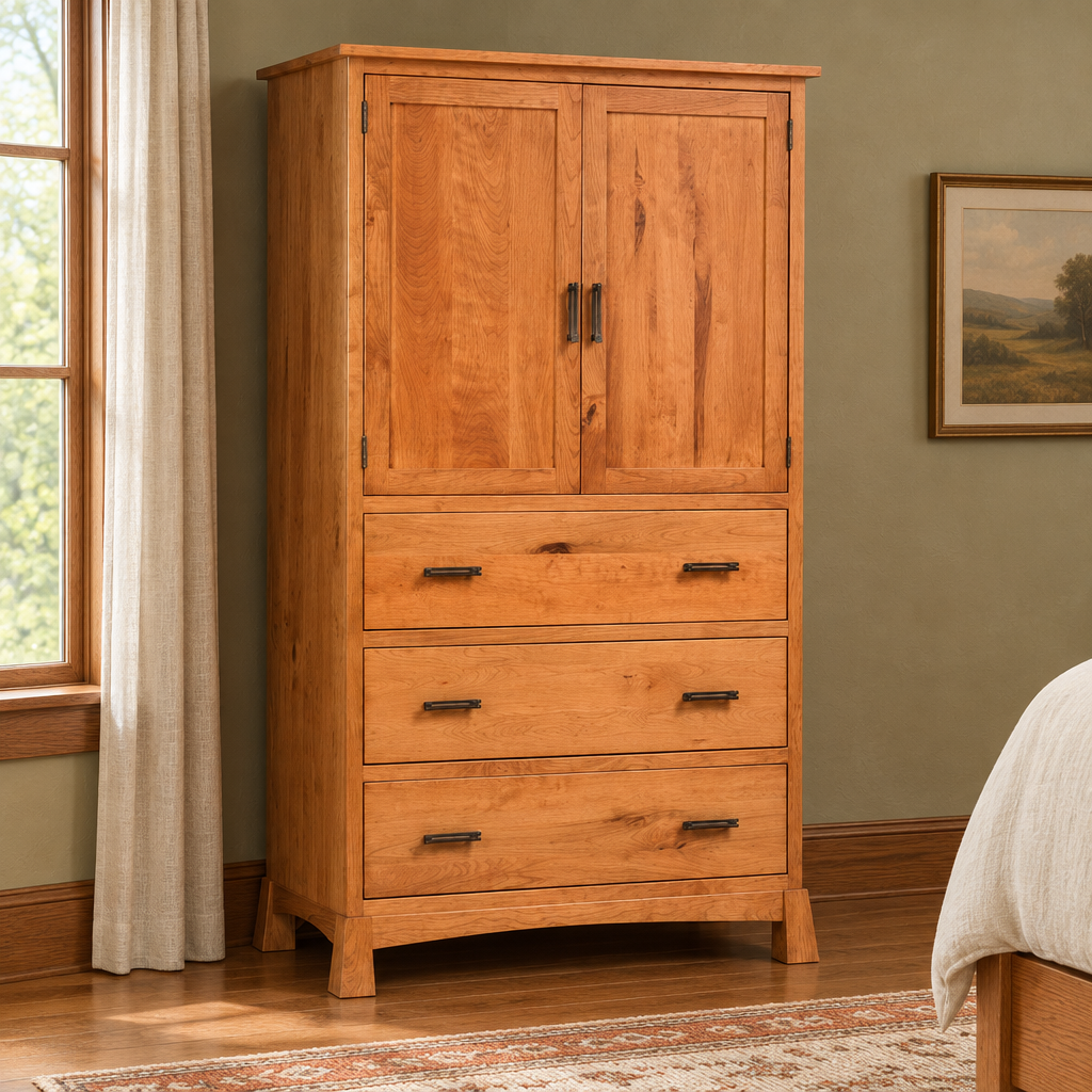 Catalina armoire in a warm Craftsman bedroom