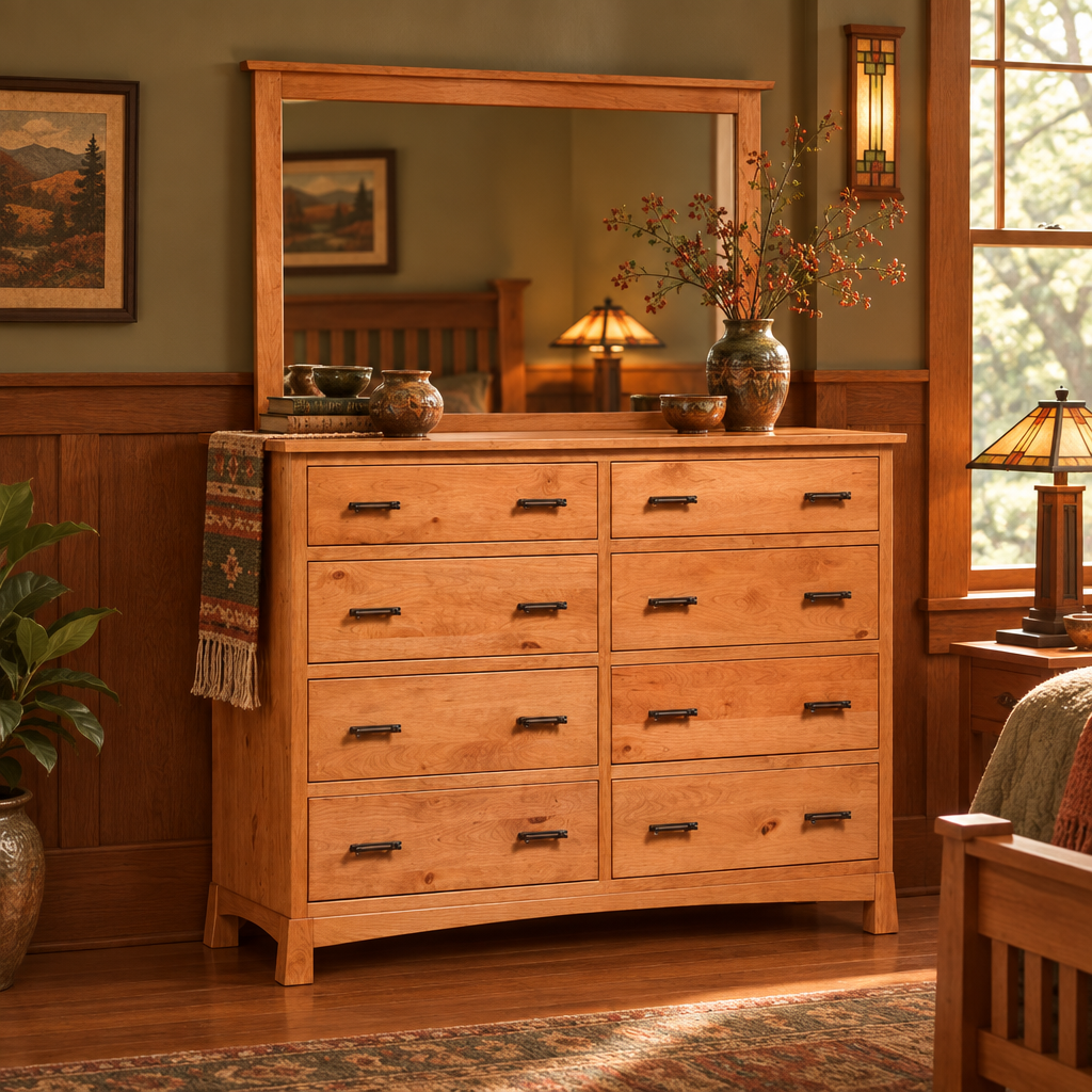 Catalina High Dresser with mirror lifestyle image in an Arts & Crafts bedroom