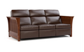 A three-seater sofa with dark brown leather cushions and a medium brown wooden frame, shown from a three-quarter angle on a white background.