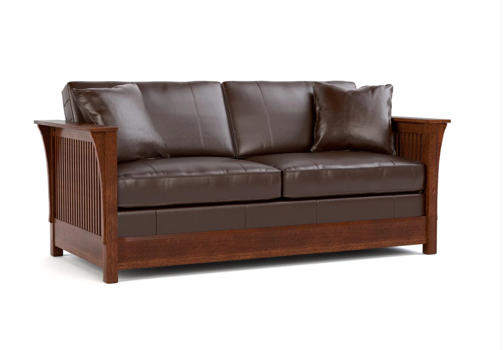A two-seater sofa with dark brown leather cushions and a medium brown wooden frame, shown from a three-quarter angle on a white background.