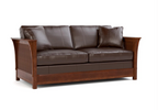 A two-seater sofa with dark brown leather cushions and a medium brown wooden frame, shown from a three-quarter angle on a white background.