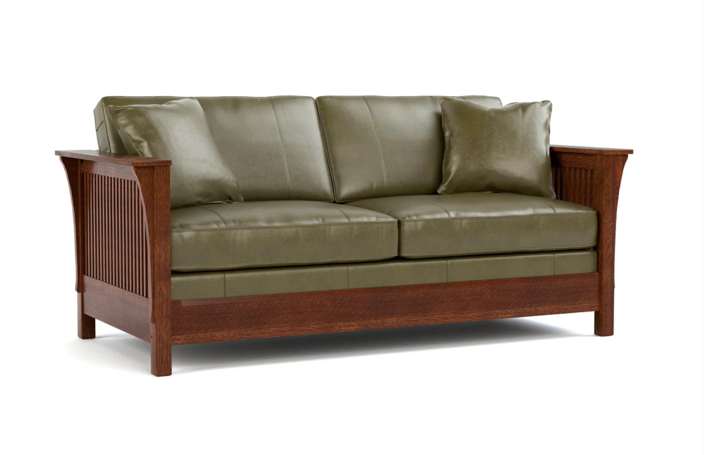 A two-seater sofa with olive green leather cushions and a reddish-brown wooden frame, shown on a plain white background.