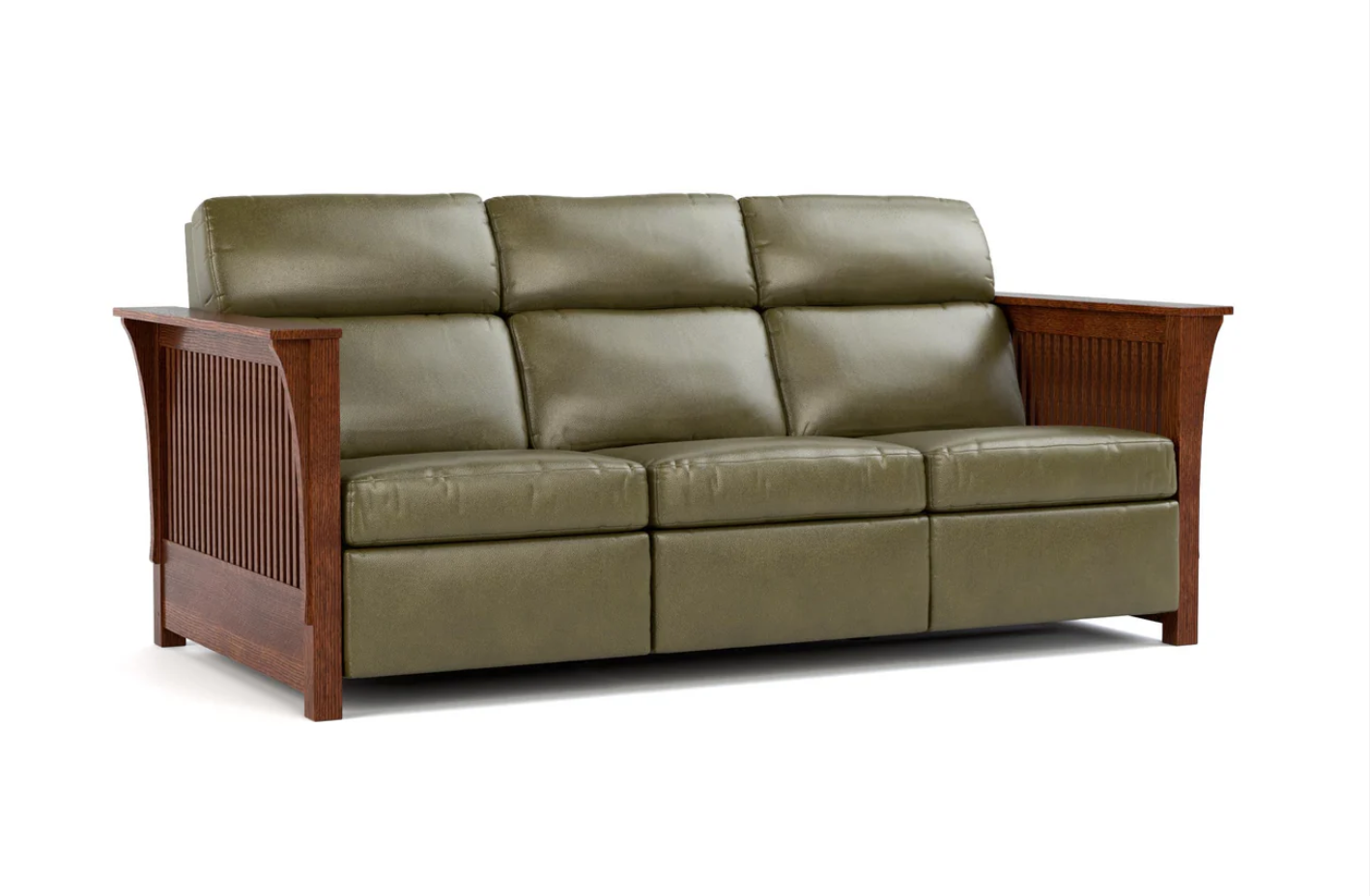 A three-seater sofa with olive green leather cushions and reddish-brown wooden arms and frame, shown on a plain white background.