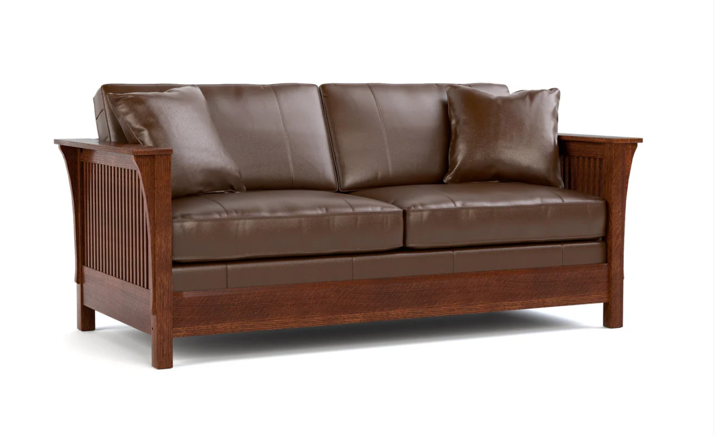 A two-seater loveseat sofa with dark brown leather cushions and a medium brown wooden frame, shown from a three-quarter angle on a white background.