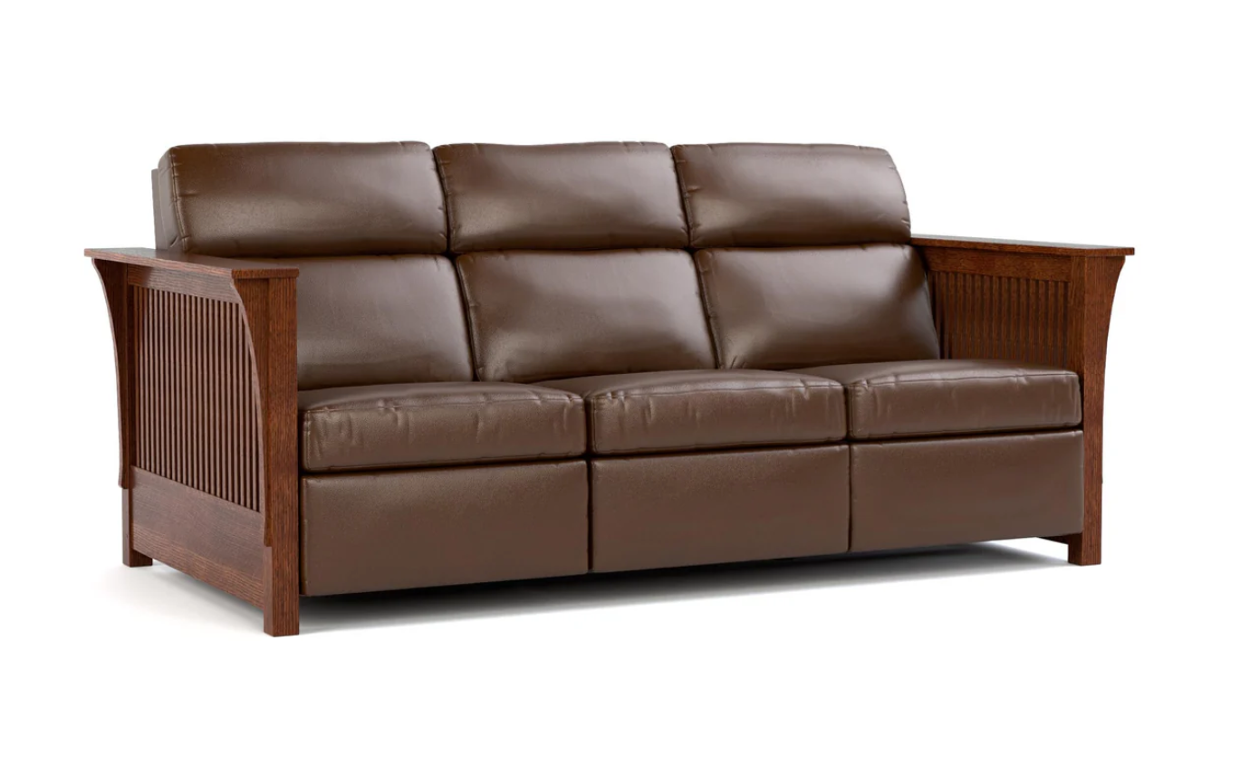 A three-seat sofa with brown leather cushions and a medium brown wooden frame featuring slatted side panels, shown on a white background.