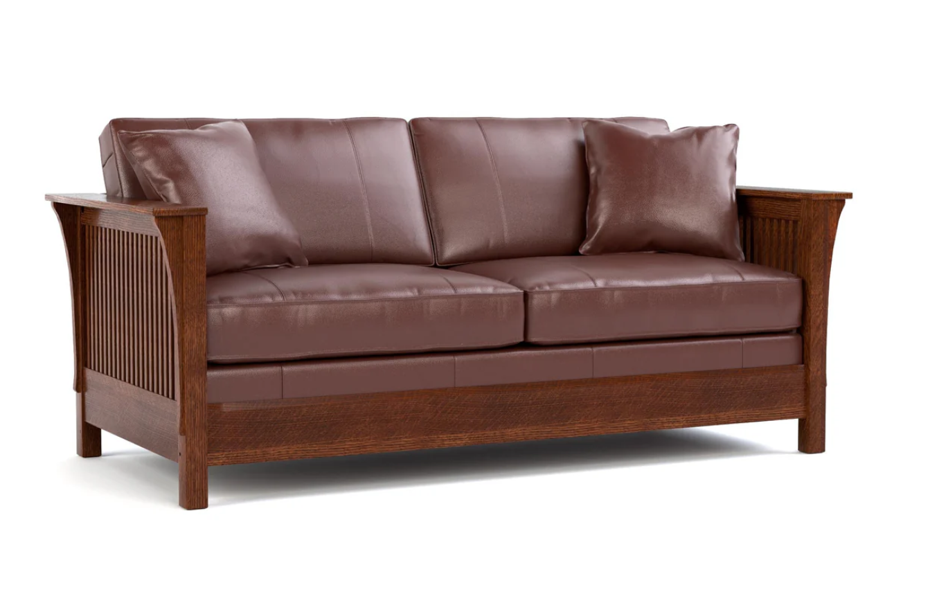 A two-seater sofa with dark brown leather cushions and a matching brown wooden frame with slatted side panels, shown on a white background.