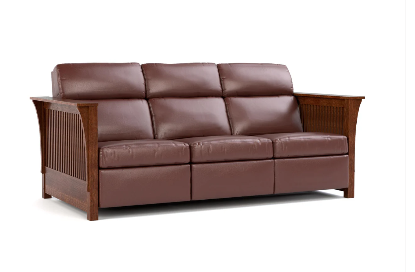 A three-seat leather sofa with a warm brown leather upholstery and a matching brown wooden frame with slatted side panels, shown on a plain white background.