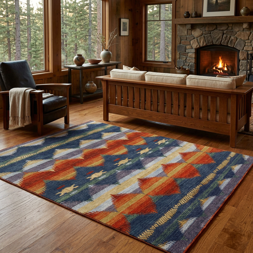 Colorful rug in a cozy Craftsman cabin with a stone fireplace
