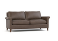 A brown leather loveseat sofa with two back cushions, two seat cushions, rolled arms, and short dark legs, shown on a plain white background.