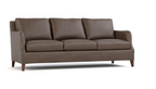 A three-seat sofa upholstered in dark brown leather, shown from a three-quarter angle against a plain white background.