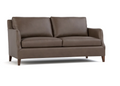 A modern two-seater loveseat sofa upholstered in dark brown leather, featuring dark wood legs, shown against a plain white background.