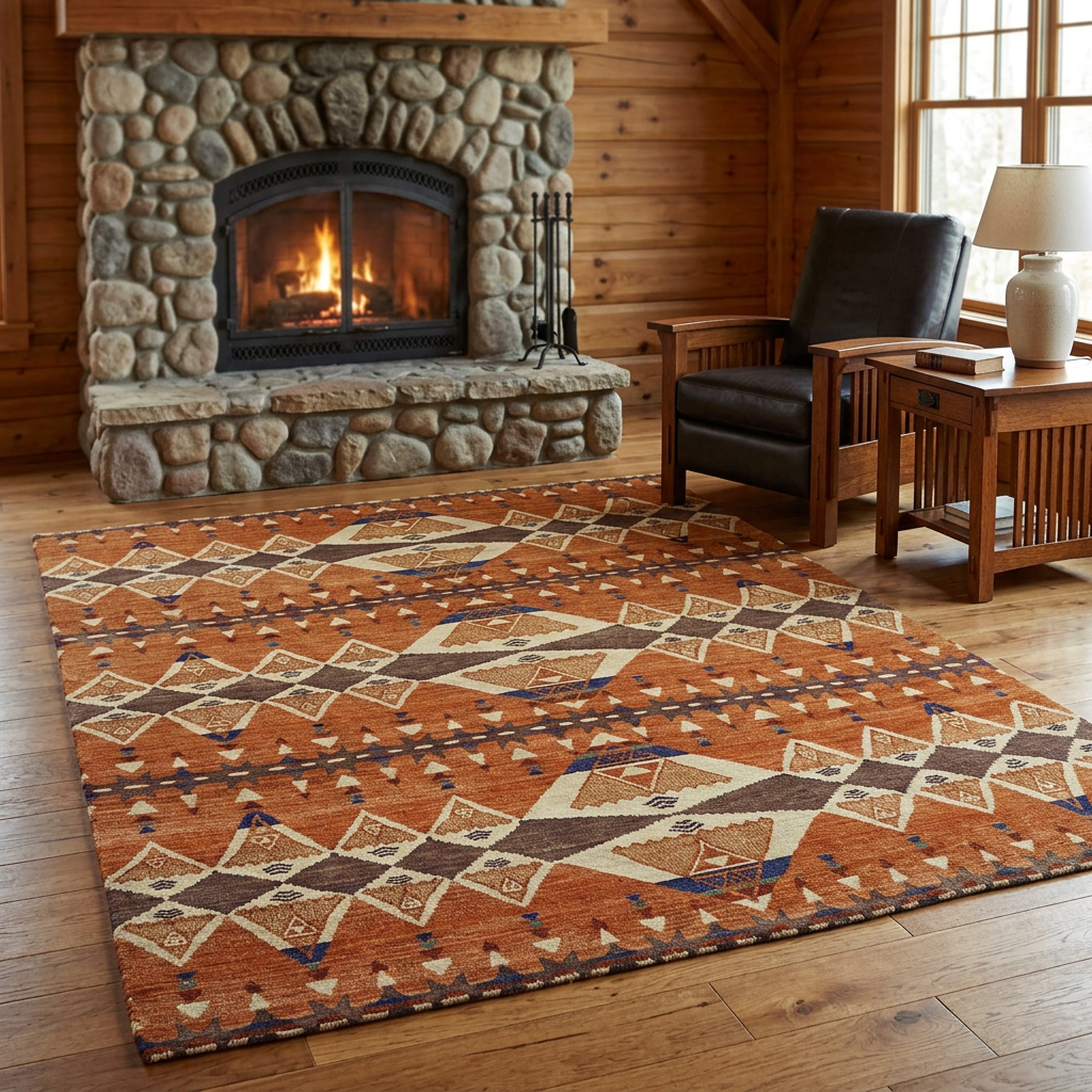 Cozy cabin lifestyle scene with your rug and a glowing stone fireplace