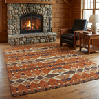 Cozy cabin lifestyle scene with your rug and a glowing stone fireplace