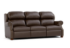 A three-seater brown leather reclining sofa with rolled arms, nailhead trim, and wooden legs, shown on a plain white background.