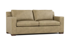 A two-seater loveseat sofa upholstered in a textured taupe fabric, featuring a low profile, wide armrests, and dark wooden feet, shown against a plain white background.