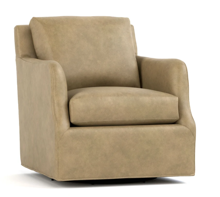 A beige upholstered swivel armchair with a high back and wide armrests, shown on a plain white background.