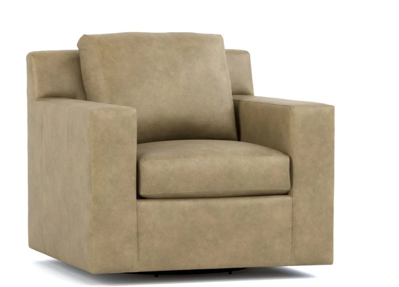 A modern low-profile armchair upholstered in a textured taupe fabric, featuring a square backrest and wide armrests, shown against a plain white background.
