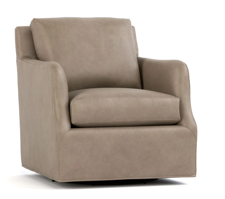 A taupe upholstered swivel armchair with a high back and wide armrests, shown on a plain white background.