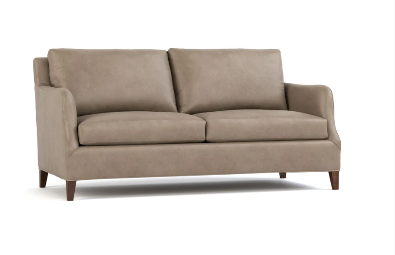 A two-seater loveseat sofa upholstered in a textured taupe fabric, featuring dark brown wooden legs, shown against a plain white background.