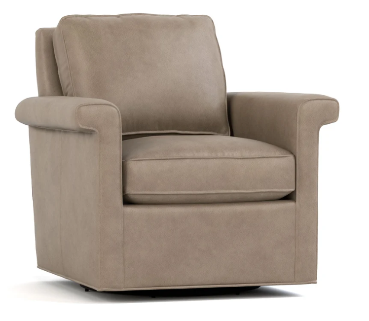 A taupe upholstered swivel armchair with a high back, rolled arms, and a cushioned seat, shown on a plain white background.