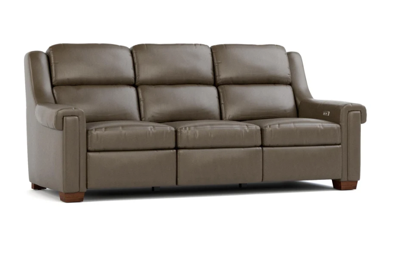 A three-seat leather reclining sofa in a warm taupe-brown color, shown from a three-quarter angle against a plain white background.
