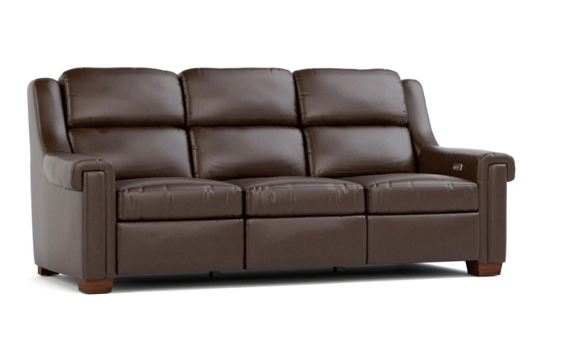 A three-seater power reclining sofa upholstered in dark brown leather, shown from a three-quarter angle against a plain white background.