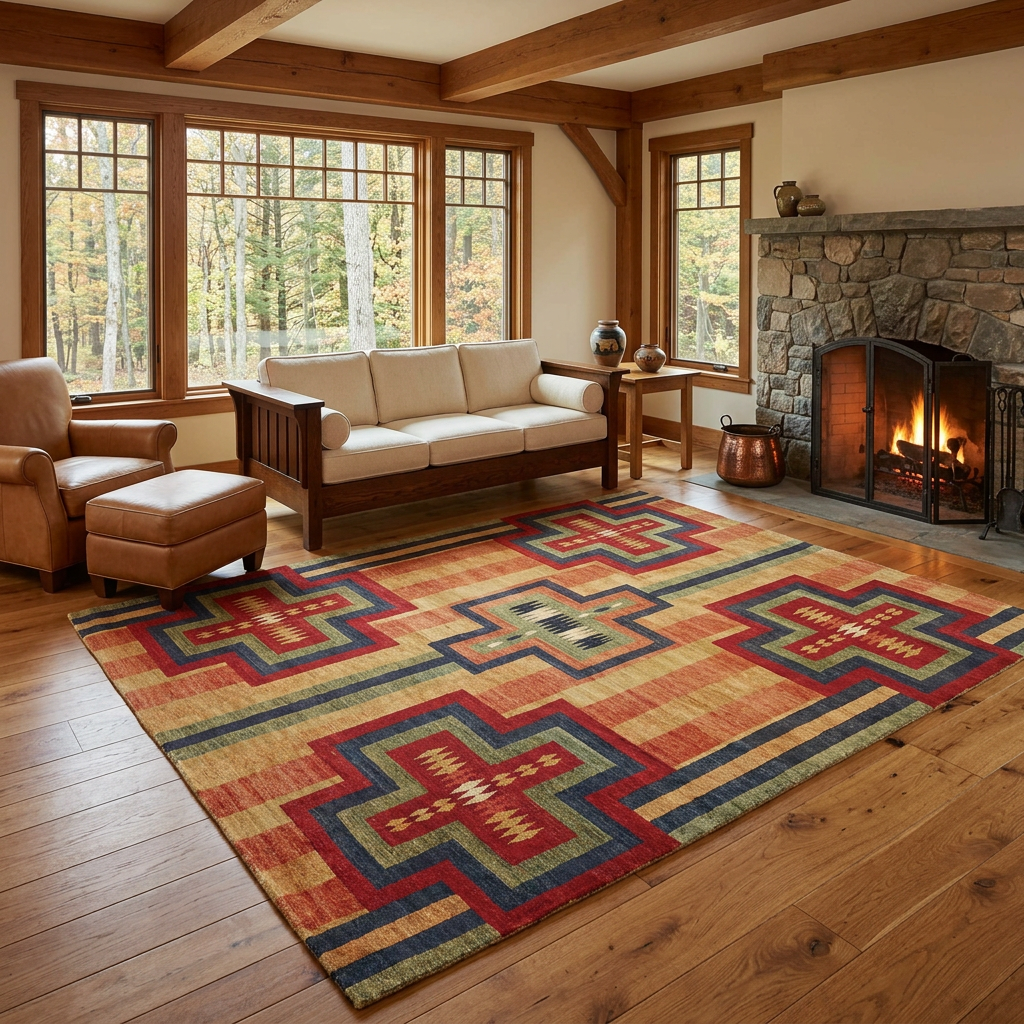 Geometric rug in a cozy Craftsman cabin with a glowing stone fireplace