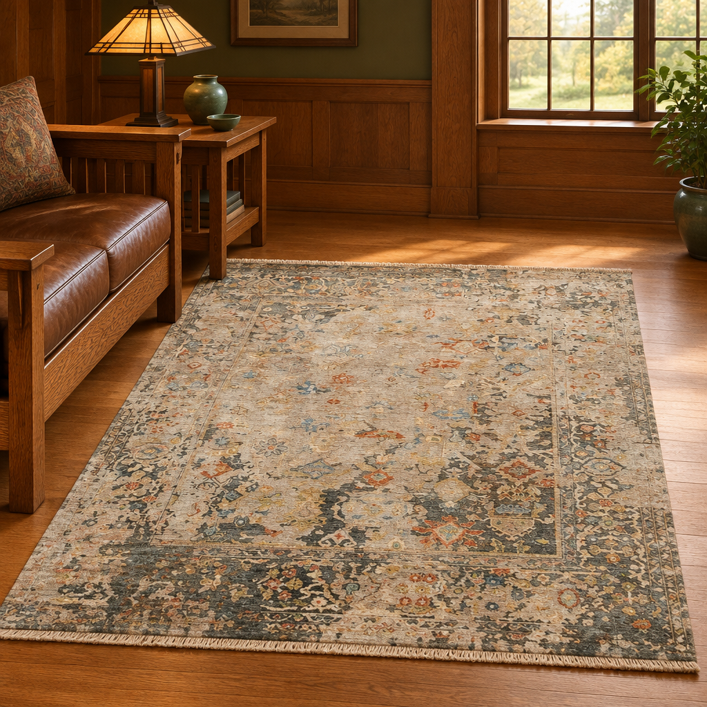 Ghordes rug in a Mission-style living room