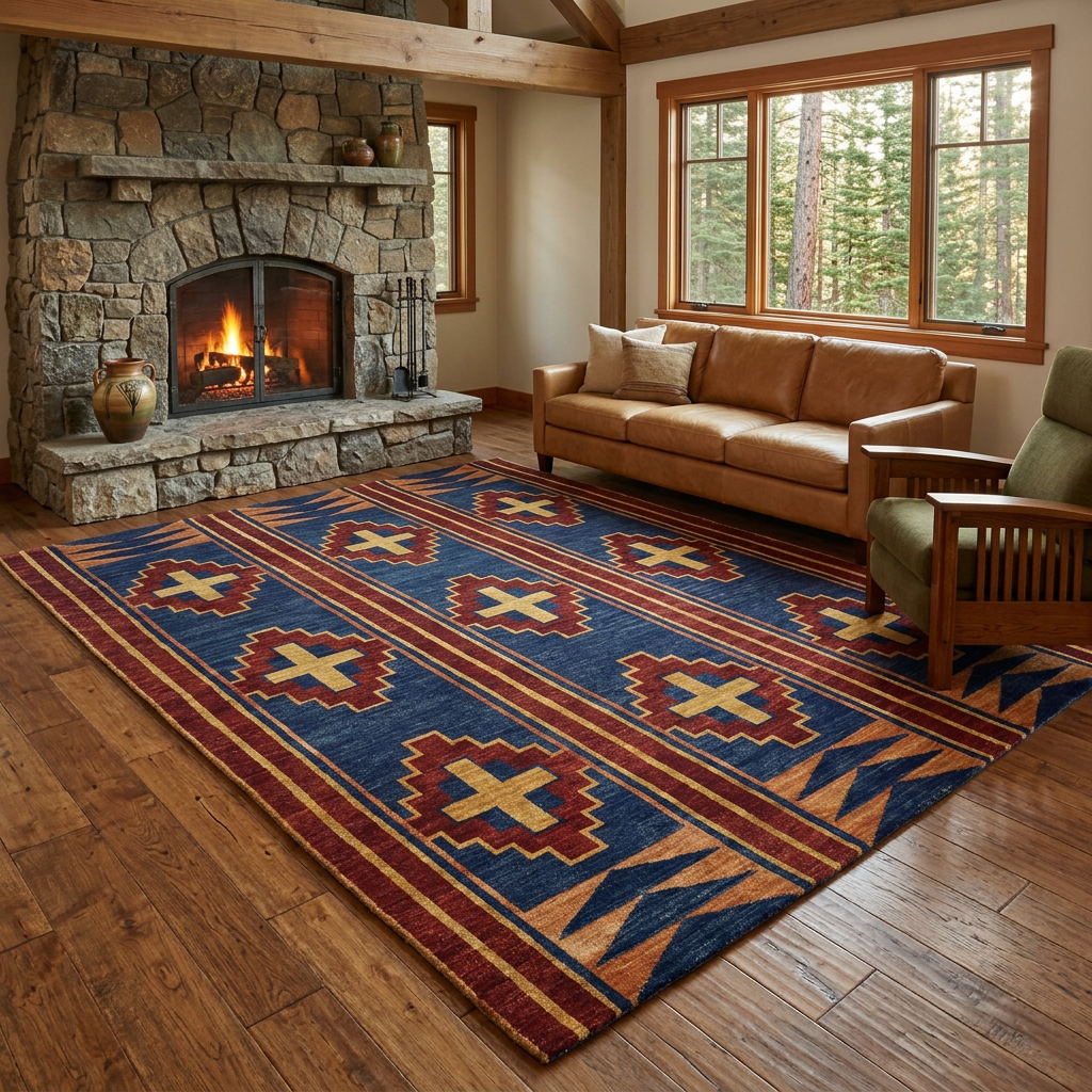 Great Plains rug in a cozy Craftsman cabin with a stone fireplace