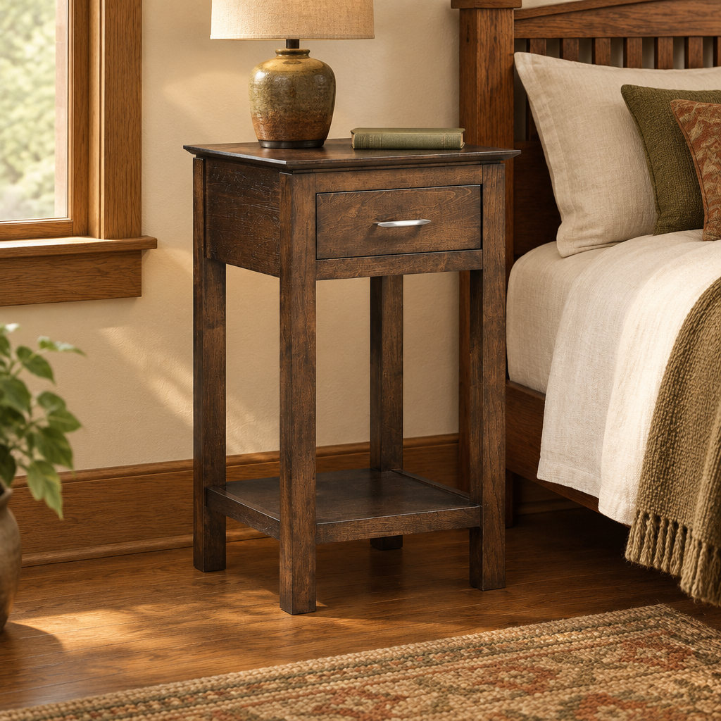 Highland Park night table in a warm Craftsman bedroom
