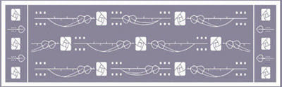 Patterned label with text and symbols on a blue background