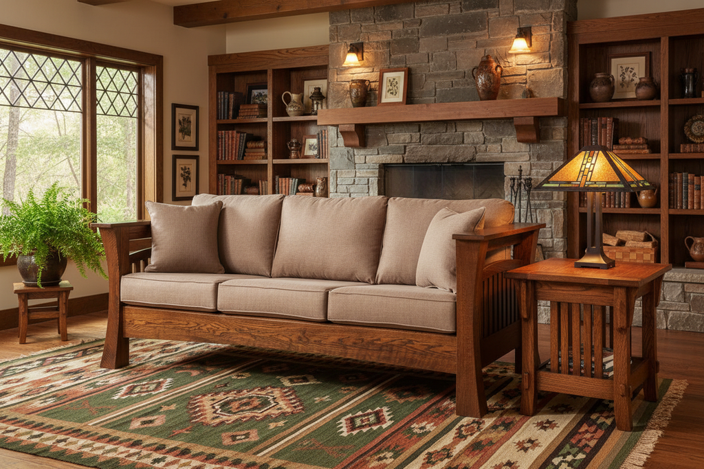 Mission Gateway Sofa styled in an Arts and Crafts living room with warm wood tones, stone fireplace, and craftsman decor