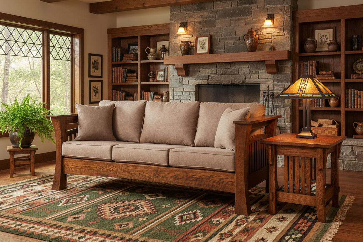 Mission Gateway Sofa styled in an Arts and Crafts living room with warm wood tones, stone fireplace, and craftsman decor