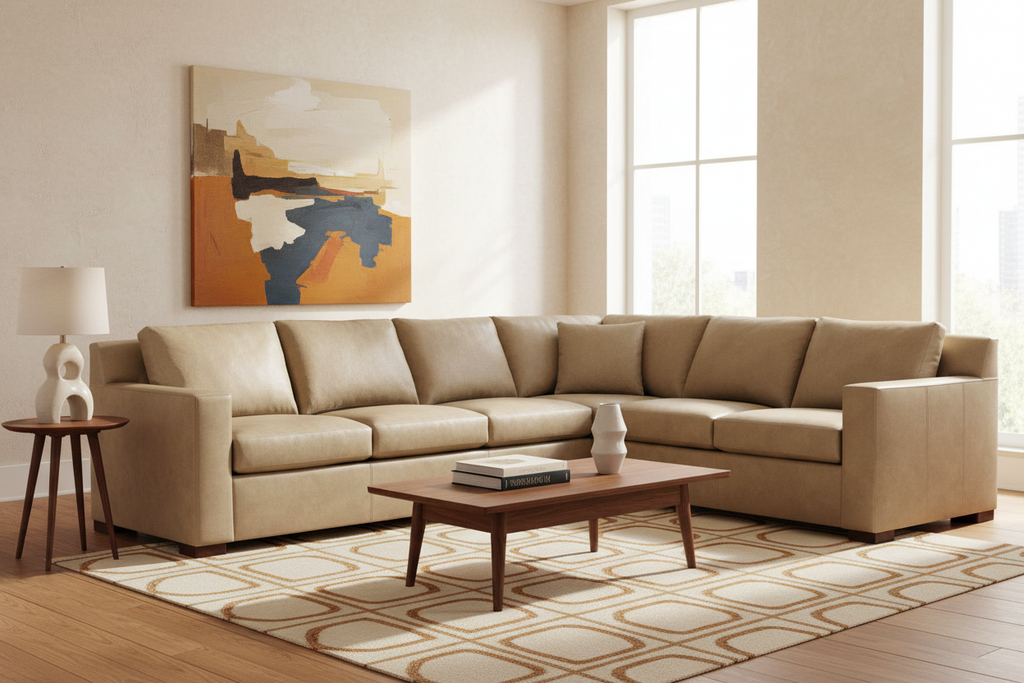 Keene Sectional Stonewash Leather European Modern Living Room Lifestyle