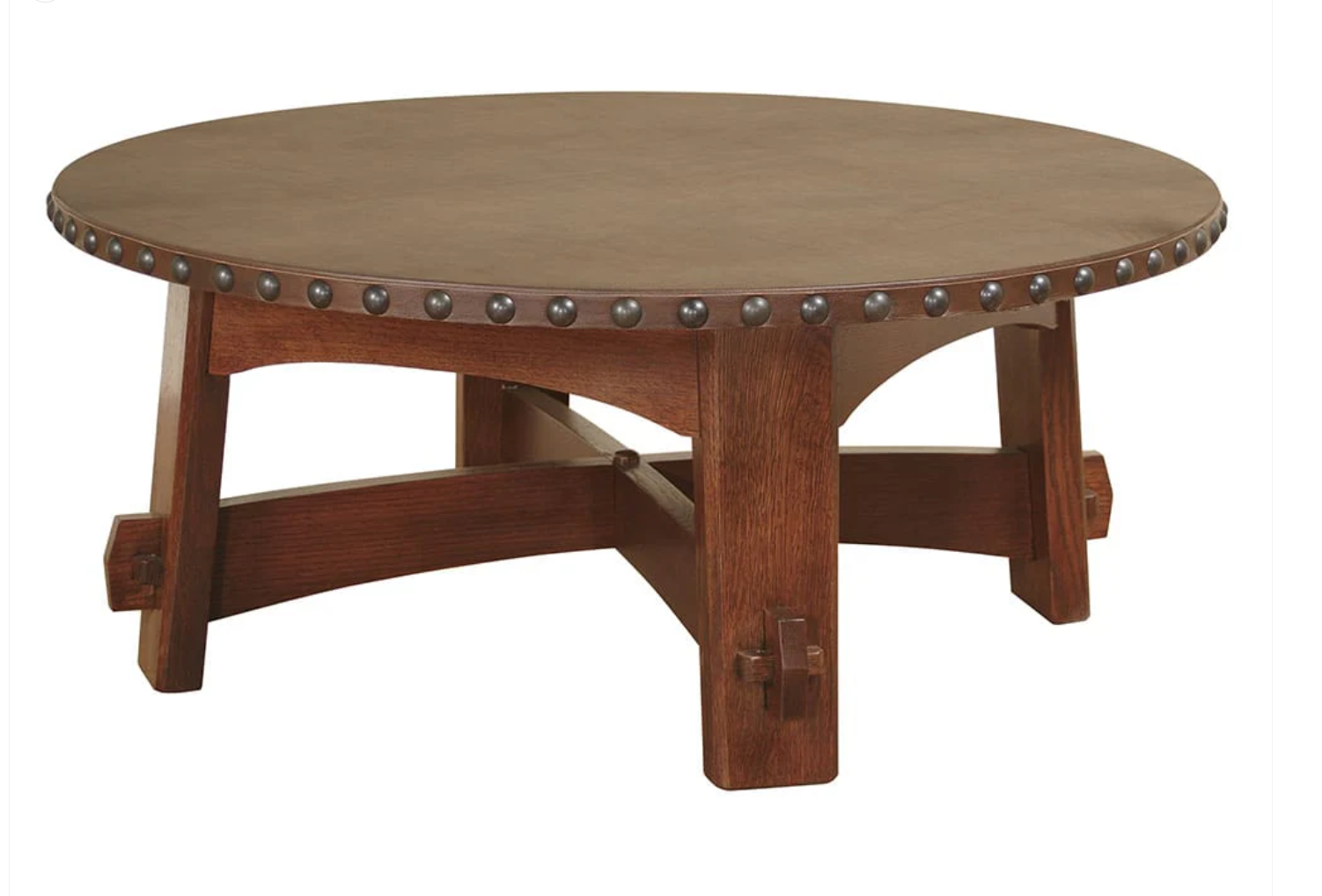 Round wooden coffee table with a medium brown finish, featuring a beaded metal rim and a sturdy crossbase leg design, isolated on a white background.