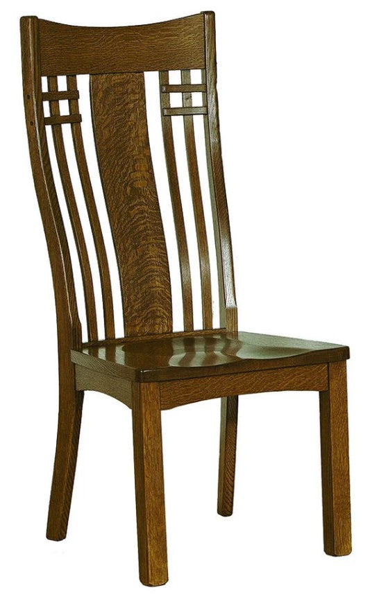 A wooden dining chair with a high slatted backrest, featuring a warm medium-brown wood finish and a square seat, shown against a plain white background.