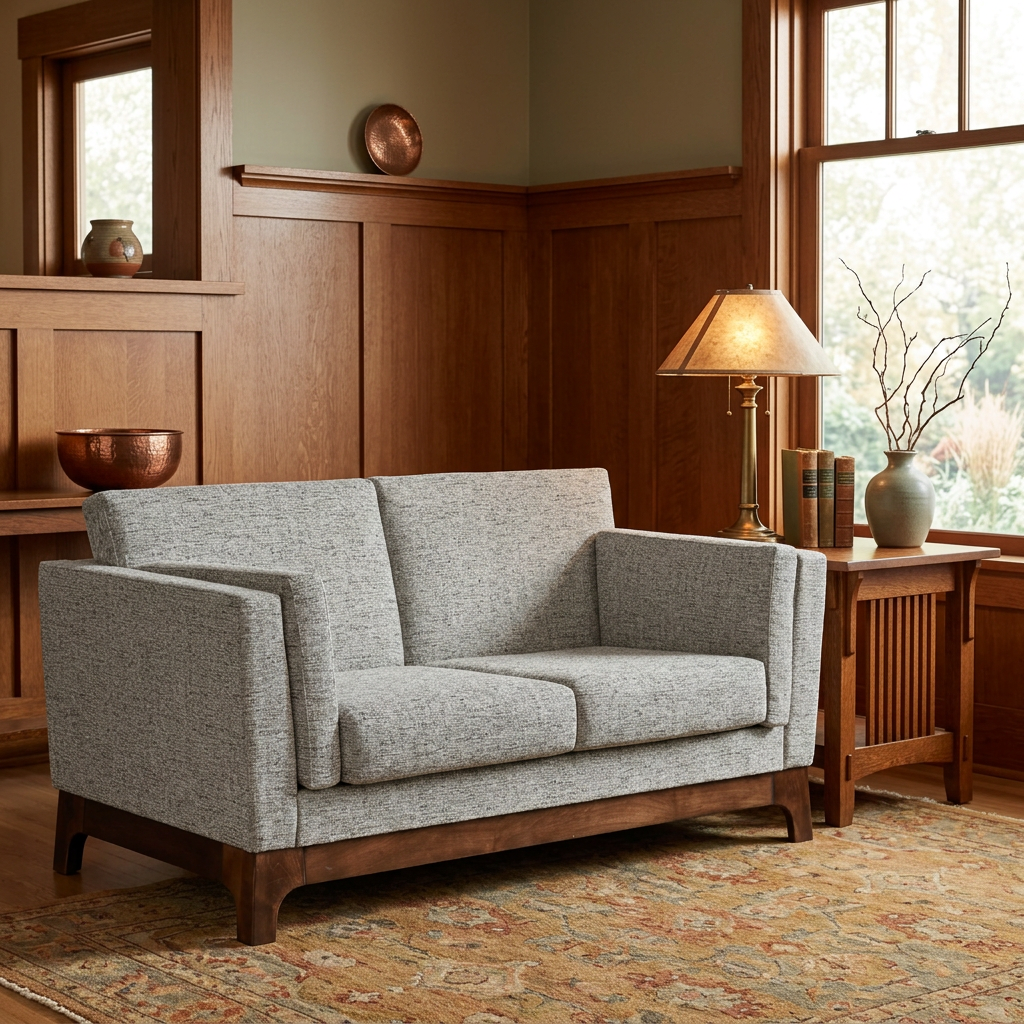 Lifestyle scene of the grey loveseat in a warm Arts & Crafts living room