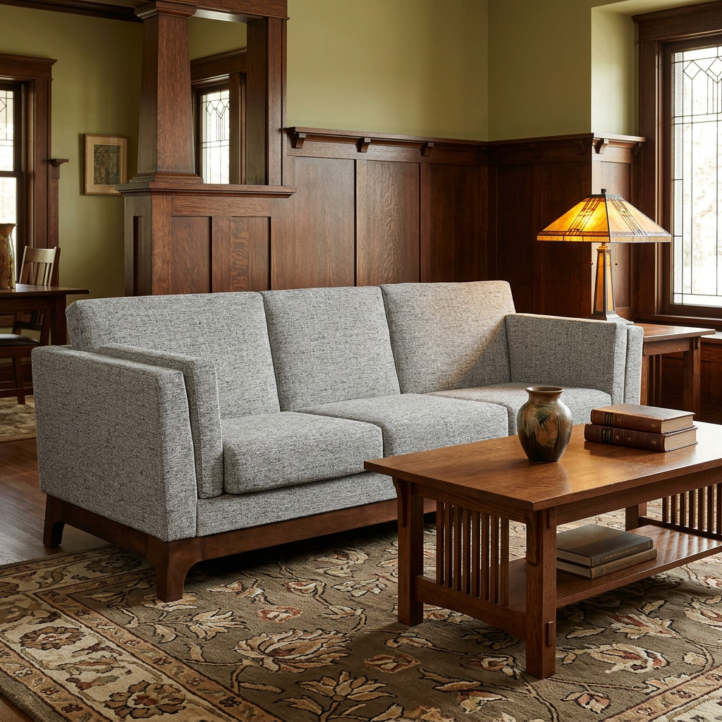 Lifestyle scene of the grey sofa in a warm Arts & Crafts living room