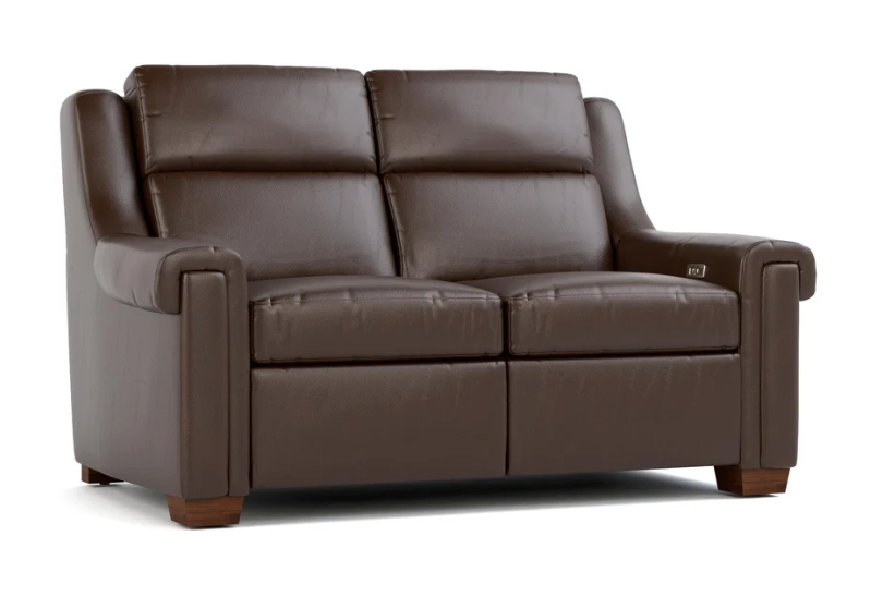 A dark brown leather reclining loveseat sofa with padded backrests and armrests, shown on a plain white background.