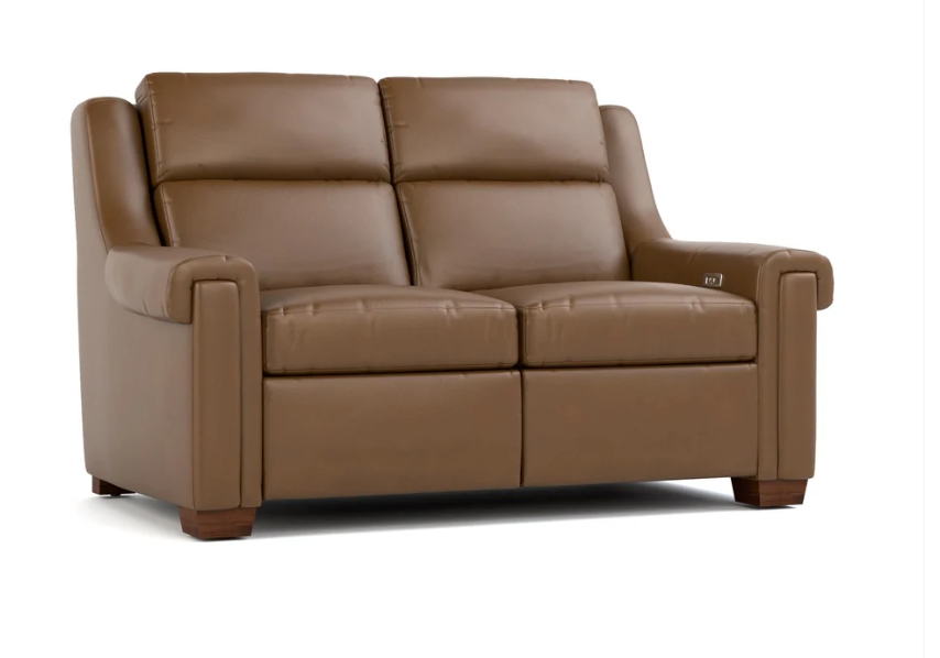 A brown leather reclining loveseat sofa with wide armrests and a low-profile rectangular design, shown on a plain white background.