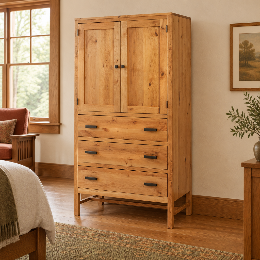 Lynnwood armoire in a warm Craftsman bedroom