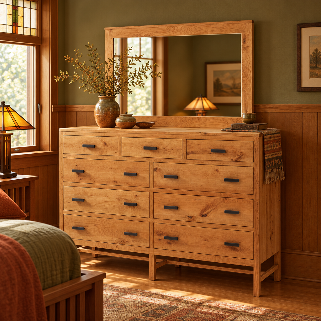 Lynnwood High Dresser with mirror lifestyle image in an Arts & Crafts bedroom
