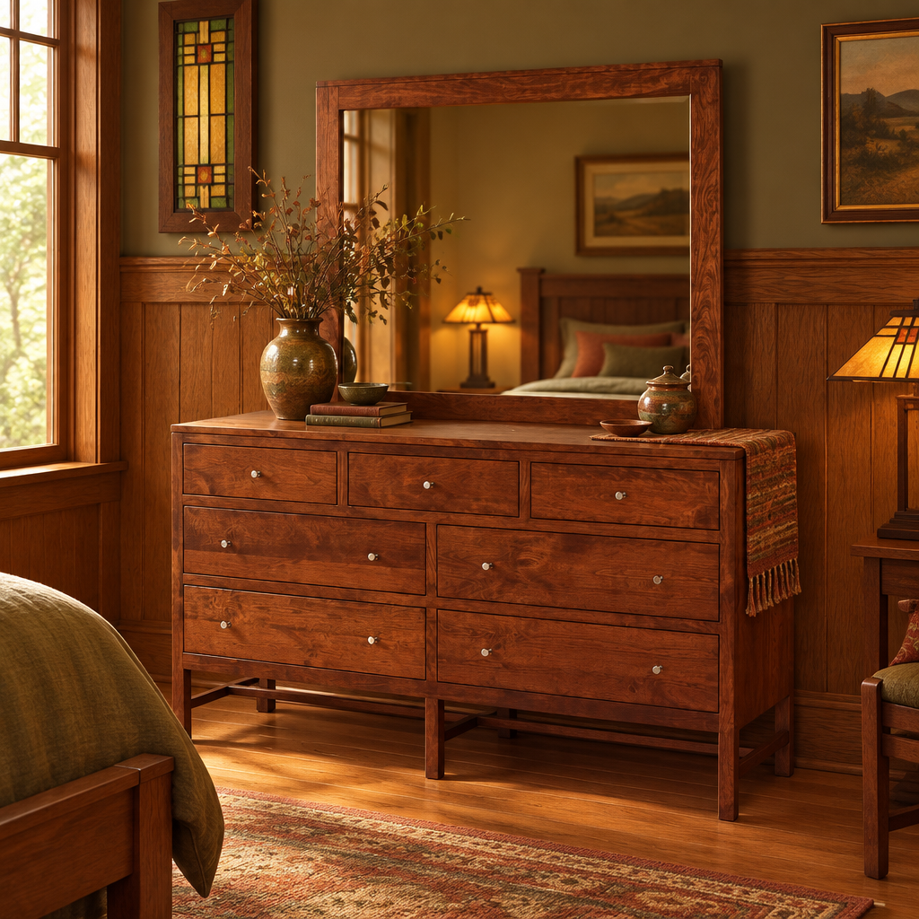 Lynnwood Low Dresser with mirror lifestyle image in an Arts & Crafts bedroom